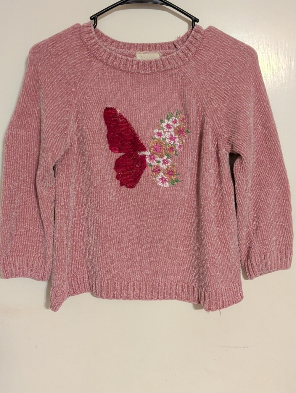 Girls btween Pink Sequin/Embroidery Butterfly & Floral Crewneck Sweater